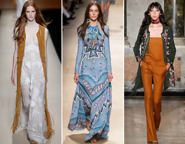 El estilo boho setentero estuvo presente tanto en las pasarelas de primavera como de verano. Alberta Ferretti, Etro y Emilio Pucci le dieron el toque de la época con fringes y estampados.