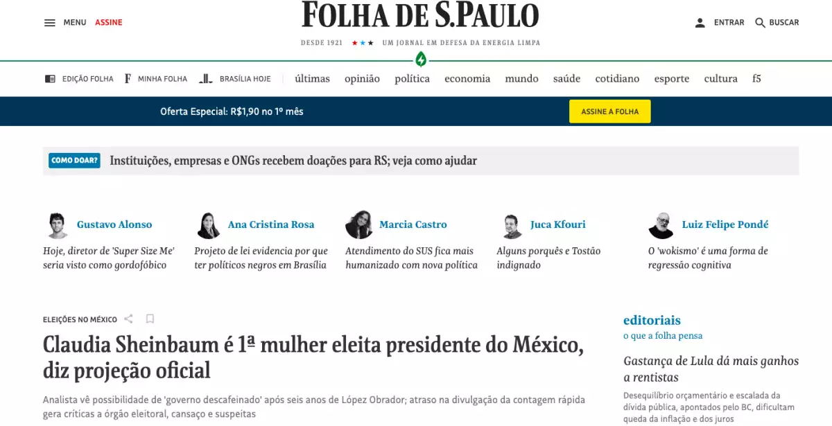 Captura de pantalla de la portada de Folha Sao Paulo