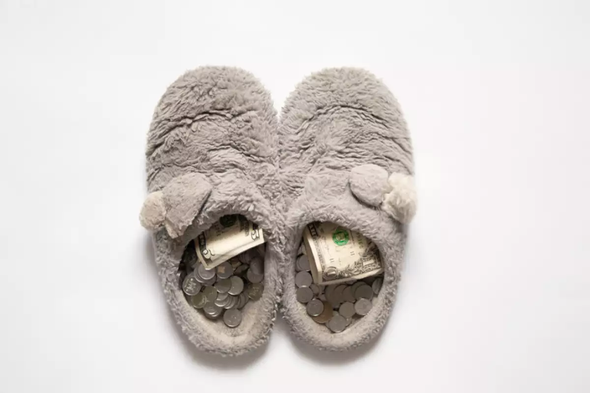 pennies and dollars lie in gray slippers on an isolated white background, money in shoes