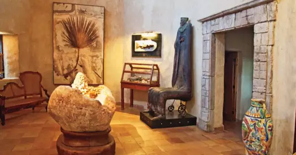 LOBBY DE EXPOSICIÓN. Al frente un cuarzo de un millón de años encontrado en China, alondo una palma de 100 millones de años y a la dereha una escultura de Alejandro Colunga.