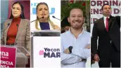 En la imagen, la gobernadora de Chihuahua, Marú Campos, la presidenta de Morena, Ariadna Montiel, el exalcalde de BJ, Santiago Taboada y el coordinador estatal de Morena, Cruz Pérez.
