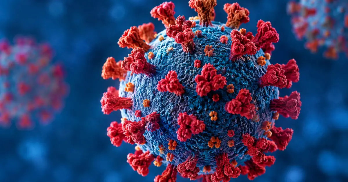 Imagen similar a un virus visto microscópicamente en color rojo y azul.jpg