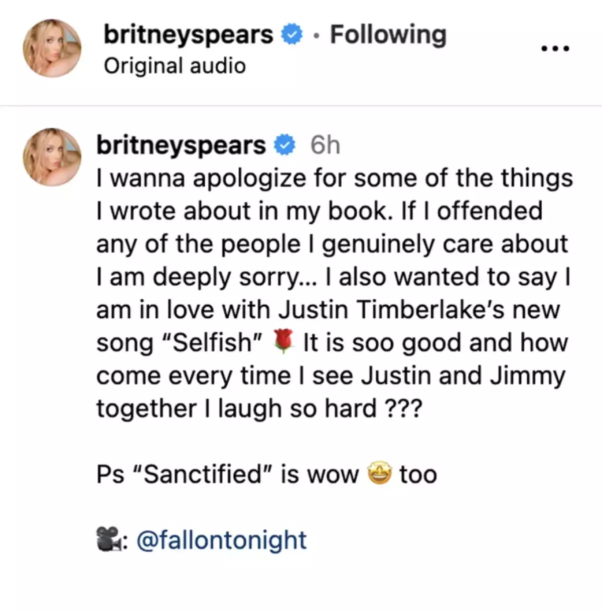 Britney Spears apoya "Selfish" de Justin Timberlake.