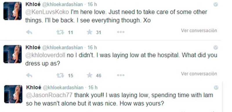Posteriormente continuó respondiéndoles a sus fans. Aclarando que estaba en el hospital con Lamar, y que a pesar de que se está ocupando de algunas cosas, se mantiene al pendiente de sus redes sociales.