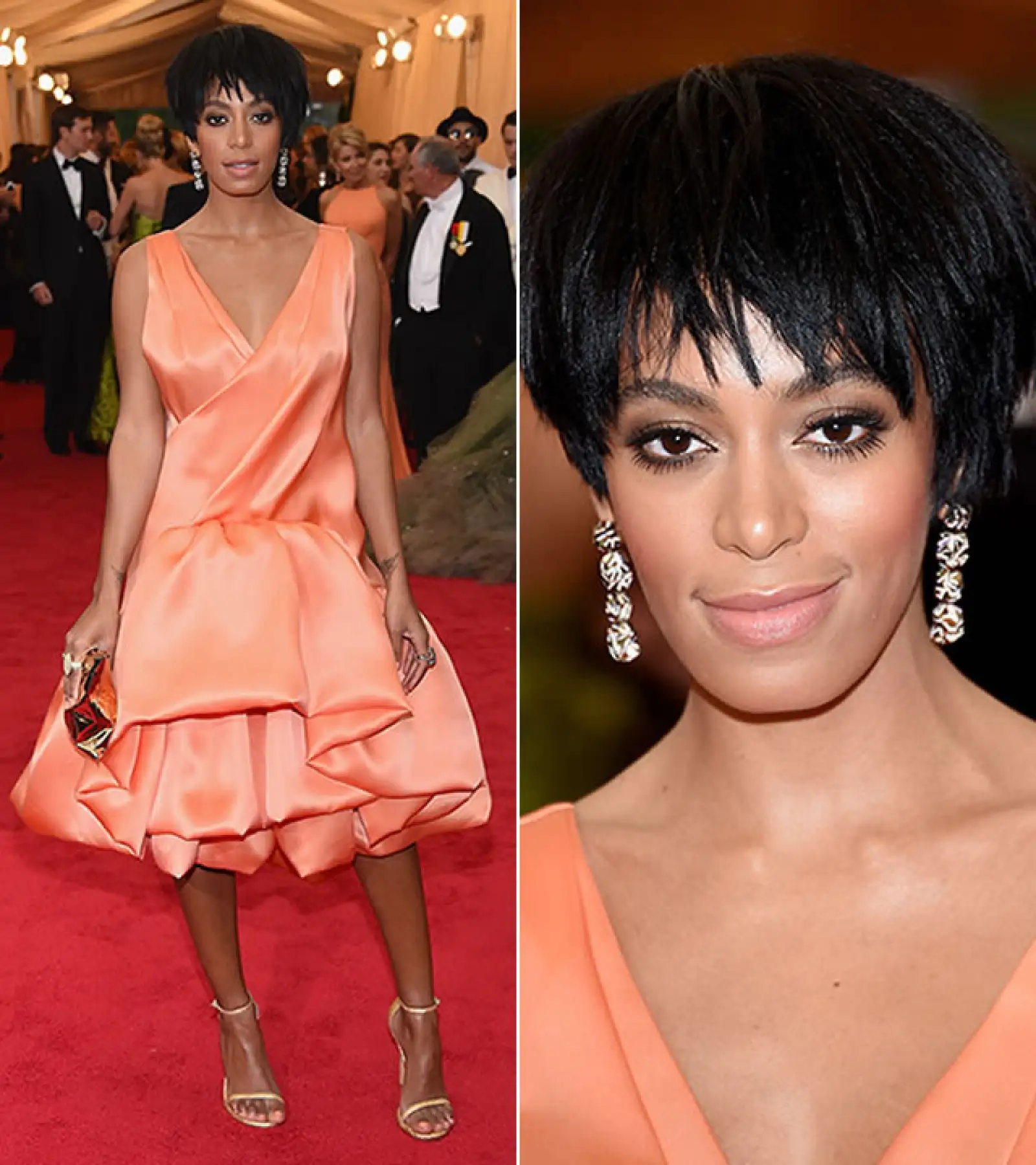 Met Gala 2014: Solange hizo un cambio drástico cuando llevó el pelo en un súper short bob. Llevó un vestido en color durazno de 3.1 Phillip Lim hecho a la medida.