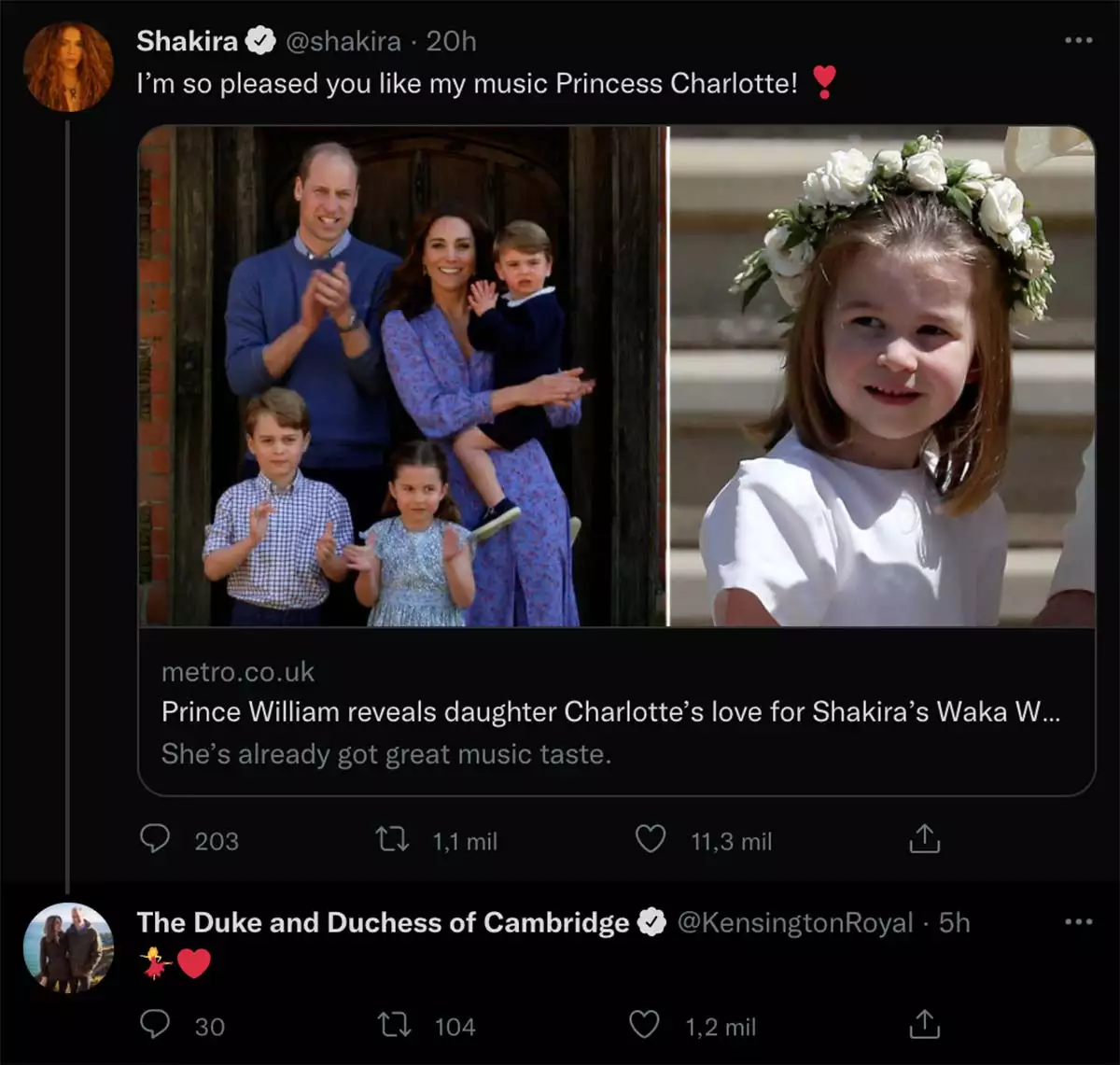 Shakira manda mensaje a la princesa Charlotte