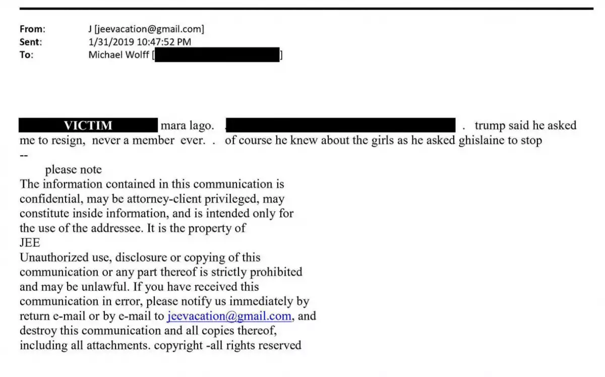 Un correo electrónico recién publicado del fallecido financiero y delincuente sexual Jeffrey Epstein, haciendo referencia a su ex compañera Ghislaine Maxwell y al presidente de los Estados Unidos, Donald Trump, se ve en esta imagen de folleto publicada por los demócratas en el Comité de Supervisión de la Cámara de Representantes en Washington, D.C., EE. UU., el 12 de noviembre de 2025.