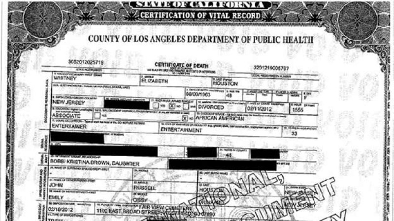 certificado defunción whitney houston