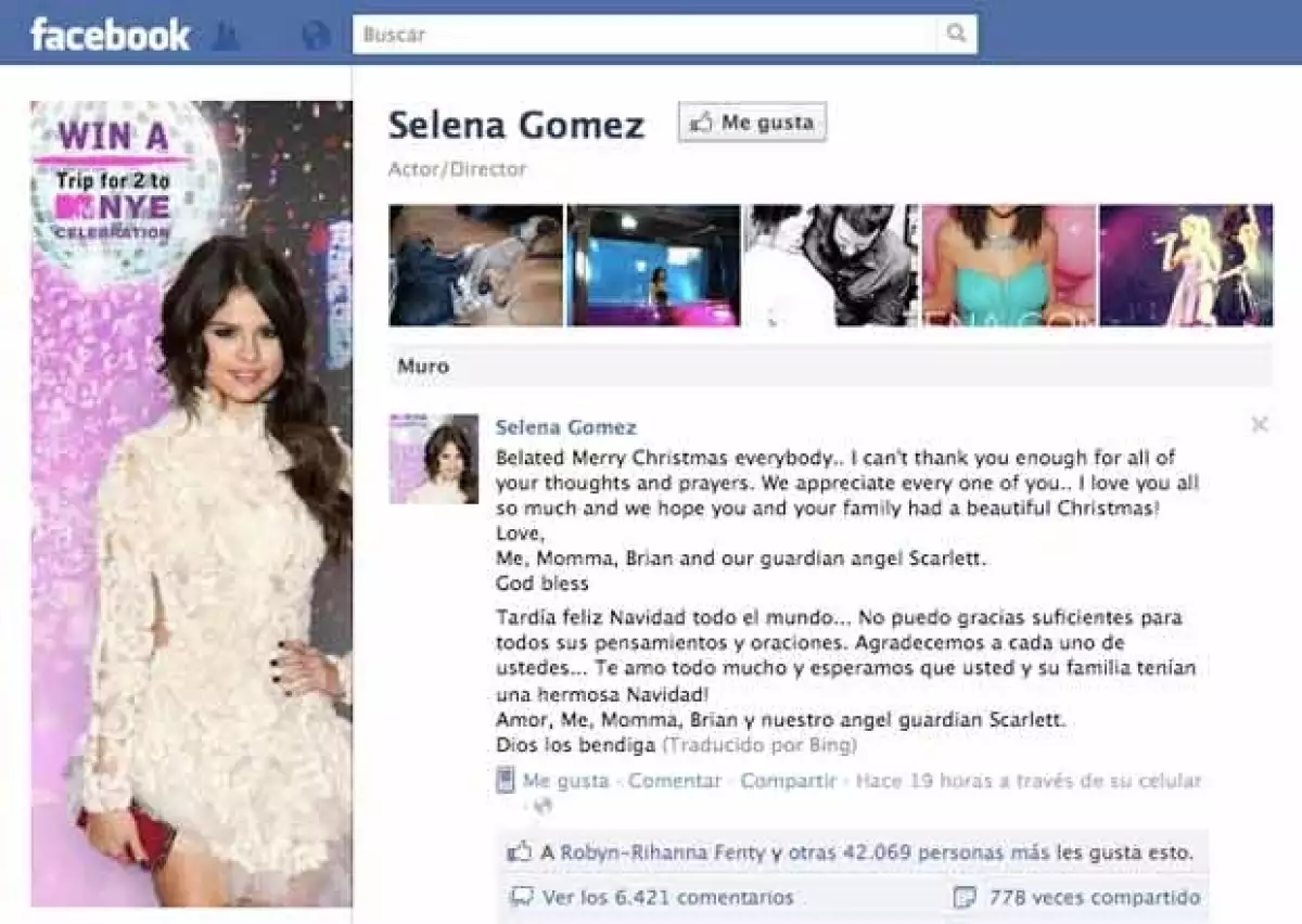 La joven artista escribió en su cuenta de Facebook un mensaje de felicitación por Navidad -con retraso, dijo- debido a la triste situación que enfrenta su familia.