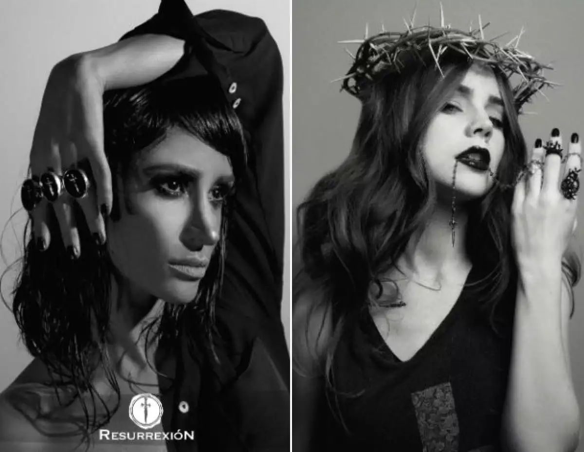 Izquierda: Thanya López portando sus diseños de cruz. Derecha: Camila Sodi con los anillos de Resurrexión.