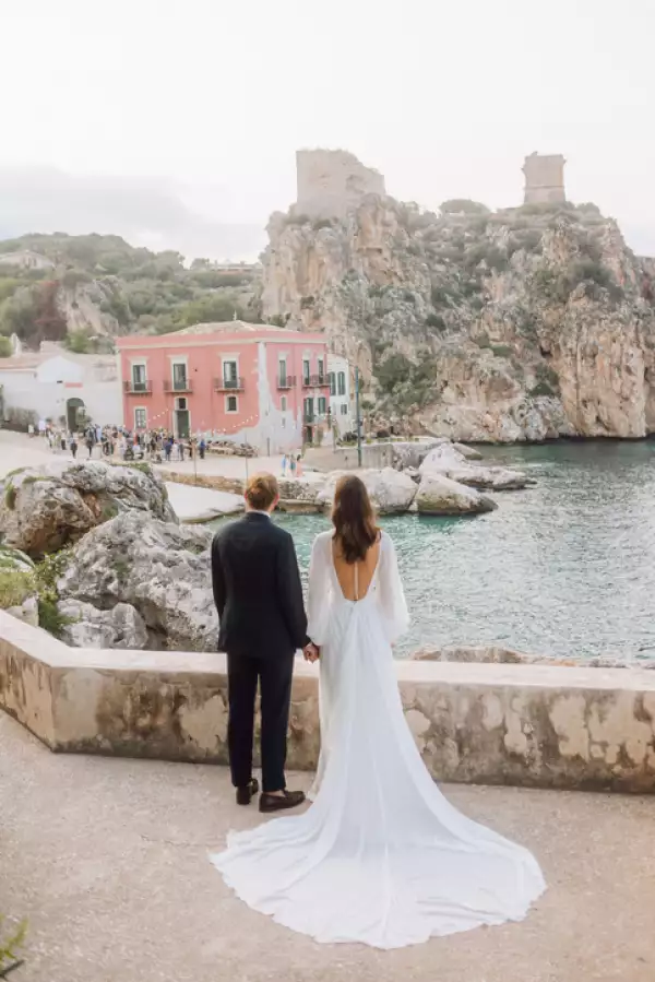 Bride and groom at wedding ceremony outdoors