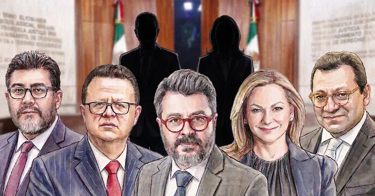 Los magistrados del Tribunal Electoral de izquierda a derecha, Reyes Rodríguez Mondragón, Felipe de la Mata Pizaña, Gilberto de G. Bátiz García, Claudia Valle Aguilasocho y Felipe Alfredo Fuentes Barrera con dos sombras atrás que representan las magistraturas vacías. 