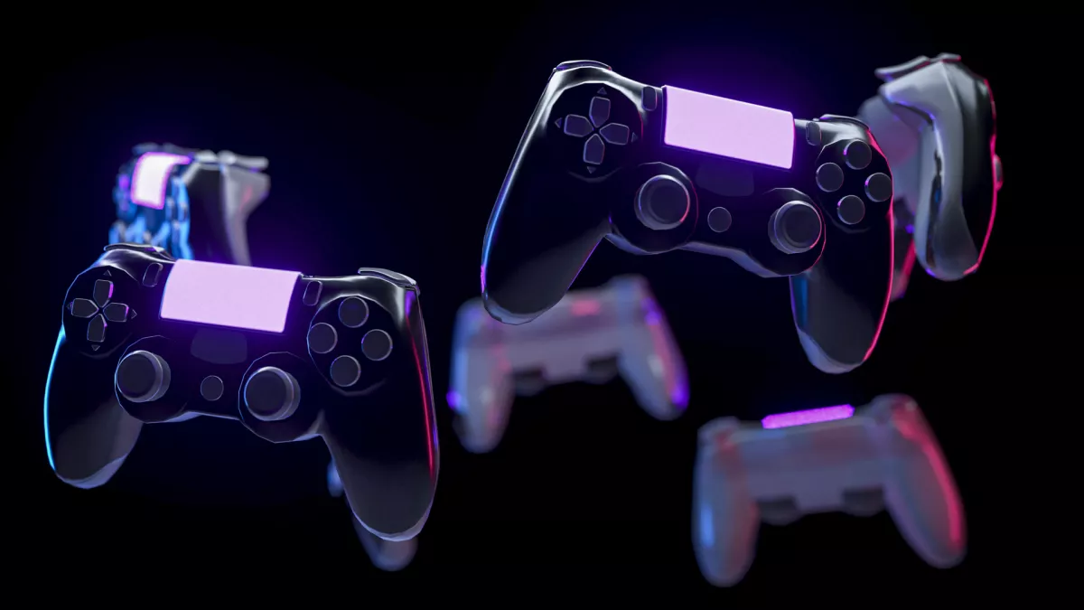 Many console gamepads on black background. Game controller with neon lights