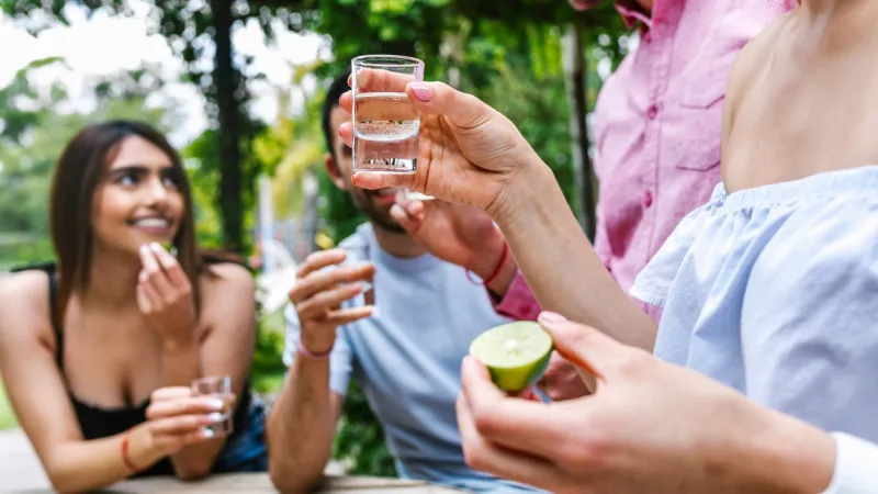 Un grupo de jóvenes consumen tequila en los tradicionales "caballitos".