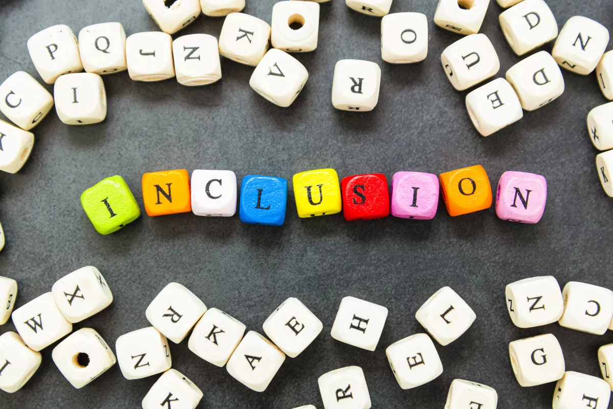 Inclusion text of multi colored cubes on dark background. Inclusive social concept.