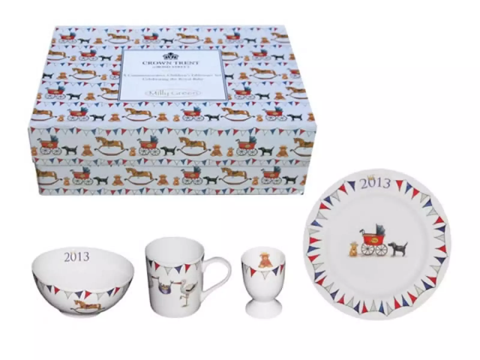 Esta vajilla para niño de la marca Milly Green incluye un plato plano, un tazón, taza y platito para huevo. Precio: 60 dólares.