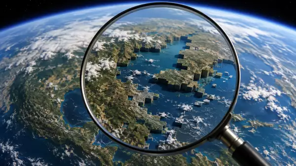 Ilustración conceptual del planeta tierra visto desde el espacio con una lupa que revela una alteración digital en la superficie representando los riesgos de manipulación de imágenes mediante IA.
