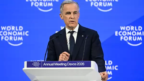 El primer ministro de Canadá, Mark Carney, pronuncia un discurso durante la reunión anual del Foro Económico Mundial (FEM) en Davos el 20 de enero de 2026.