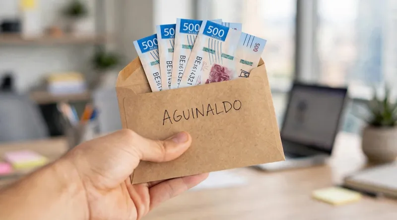 Un sobre con dinero y aguinaldo escrito, en el fondo una oficina.