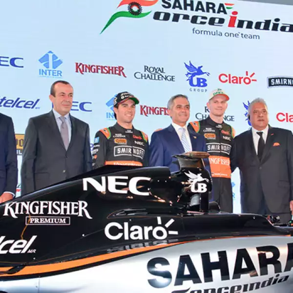 Carlos Slim Domit,Francisco Maza,Checo Pérez,Miguel Ángel Mancera,Nico Hulkenberg,Vijay Mallya y Alejandro Soberón.
