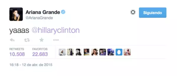 Así expresó Ariana Grande su simpatía por Hillary para la presidencia.