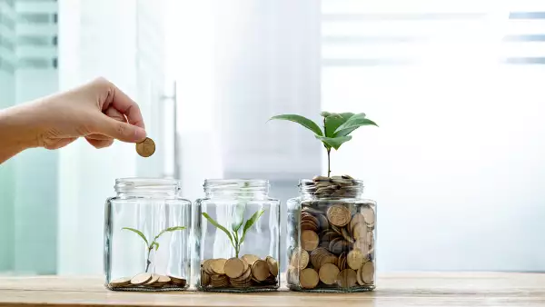 Woman putting coin in the jar with plant