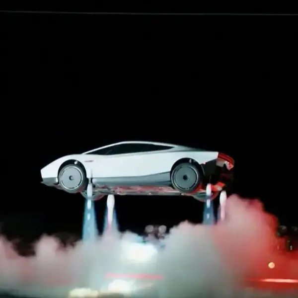 Imagen del auto voladore de Tesla, Roadster, durante una prueba de concepto frente a un público en vivo.