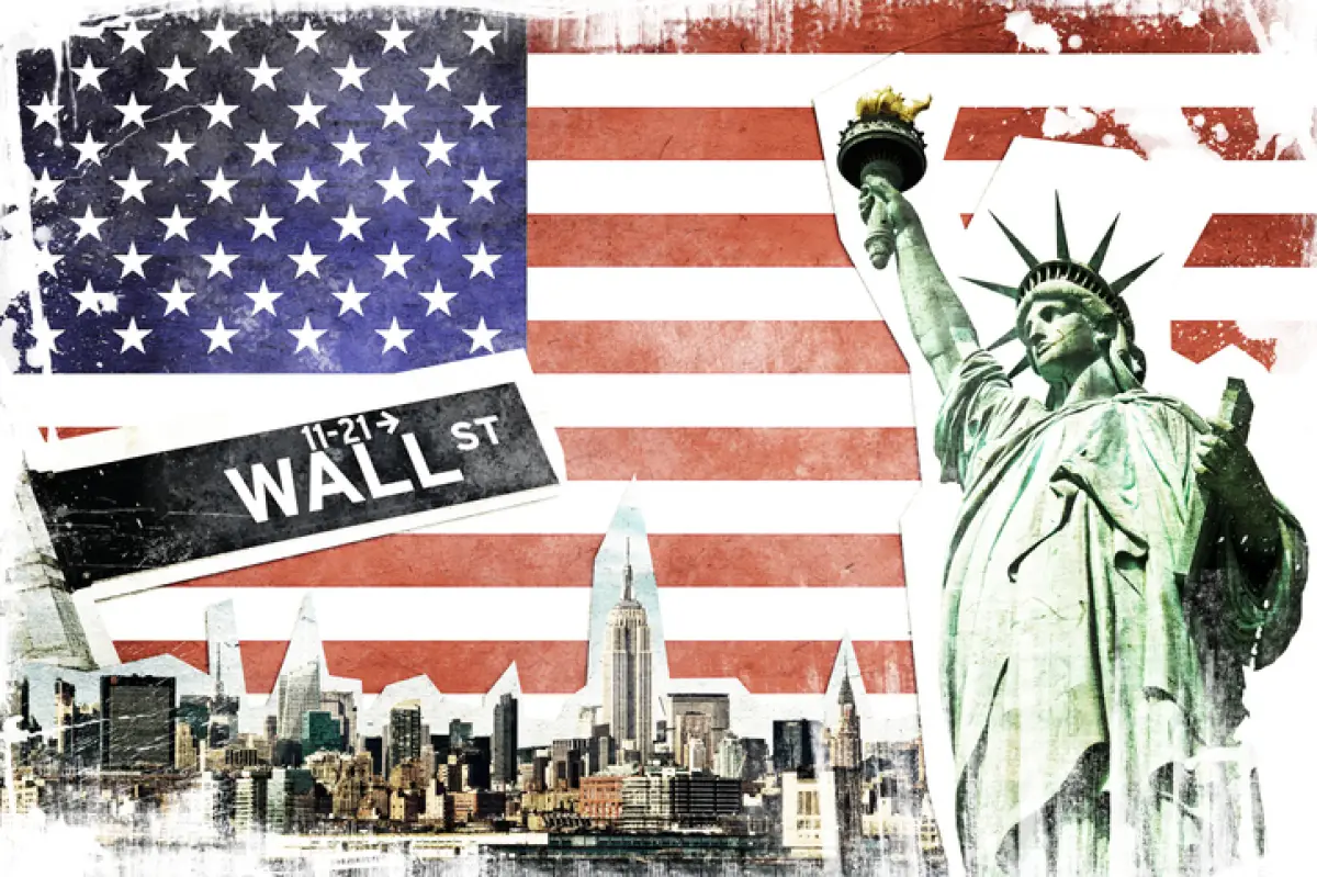 New York City vintage collage, US flag background