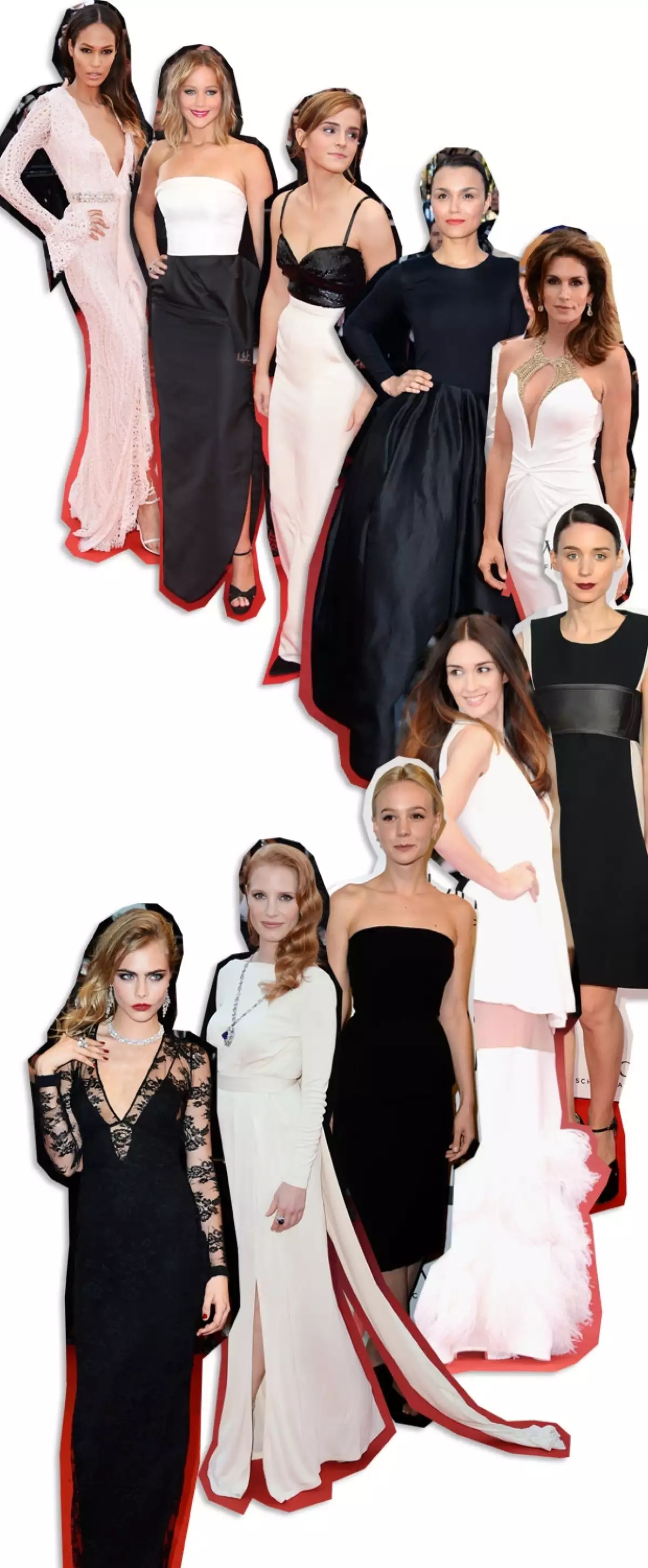 Carey Mulligan, Rooney Mara Paz Vega, Cindy Crawford, Joan Smalls, Cara Delevingne, Zoe Saldana, Jessica Chastain, Jennifer Lawrence y Samantha Barks han impuesto en Cannes la moda a blanco y negro.