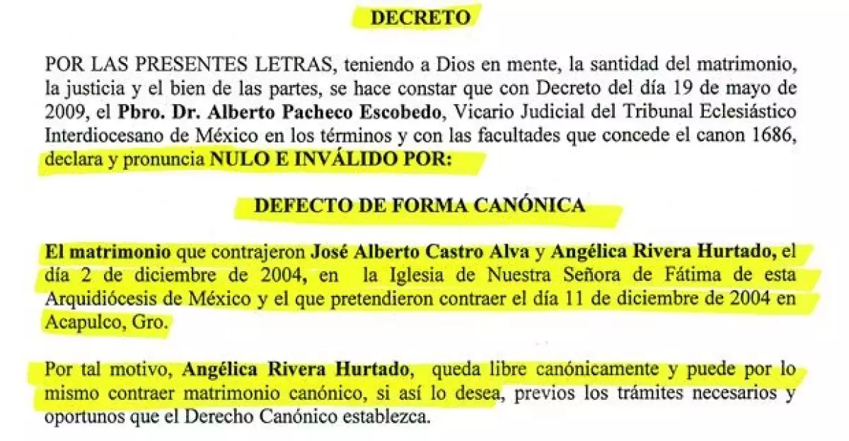 Documento que conmprueba que el matrimonio religioso de Angélica Rivera y "El Güero" Castro quedó anulado.