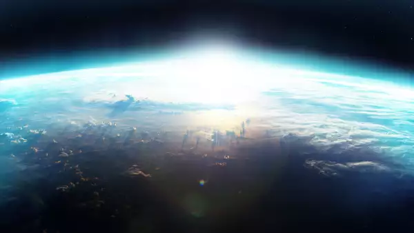 Foto de el planeta Tierra visto desde el límite con el espacio exterior.