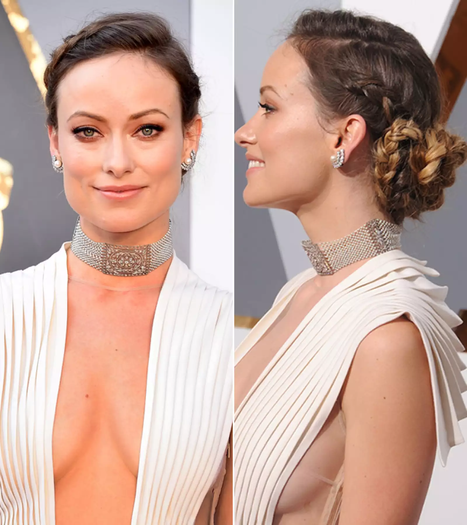 Sin duda el look completo de Olivia Wilde fue de los favoritos. Llevó los ojos en sombras metálicas y un ligero smokey, y los labios en tono nude. Lo mejor de todo fue el pelo en trenzas recogidas, que le dio el toque chic al look.
