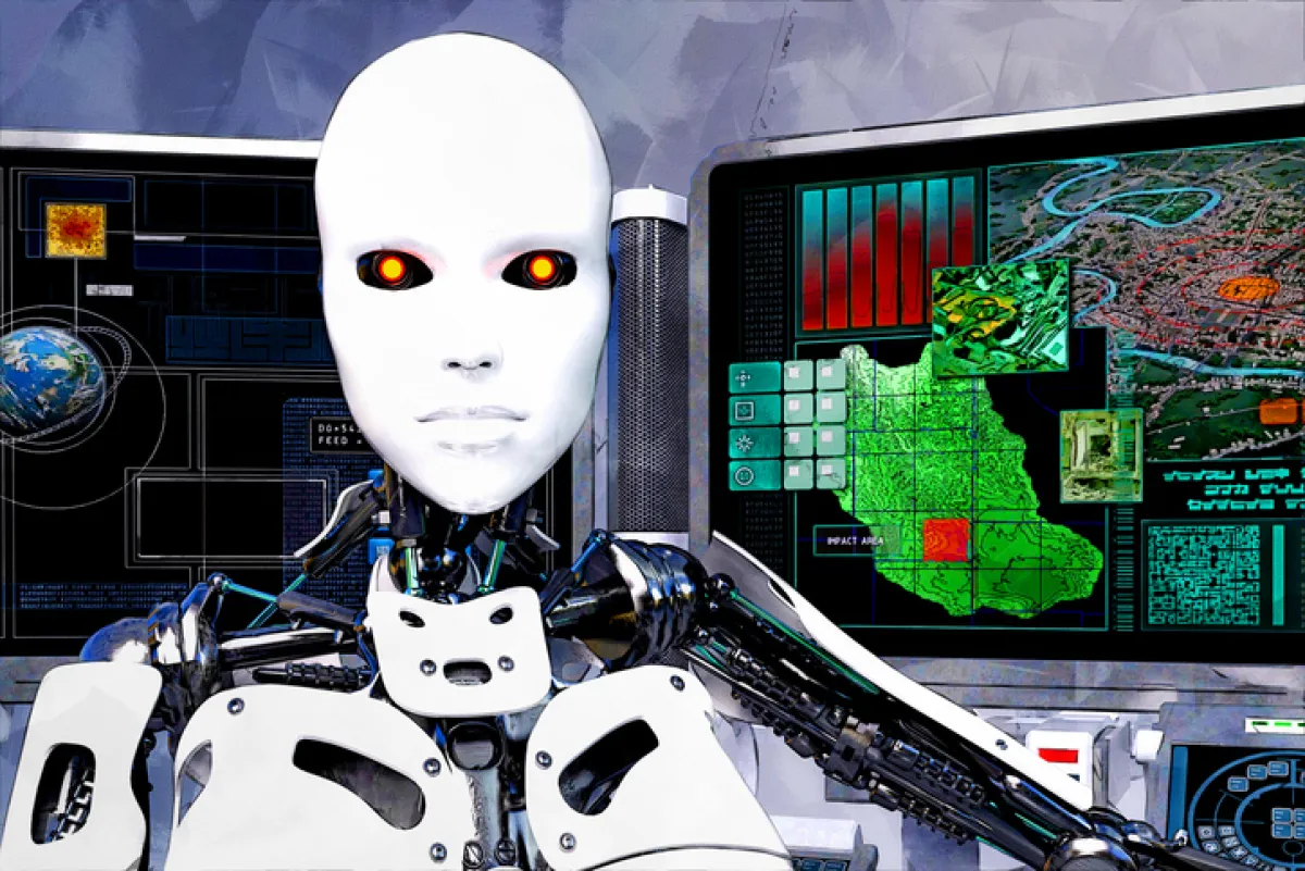 Imagen de un robot humanoide amenazante y detrás unas computadoras con imágenes de la Tierra en signos rojos de alerta.