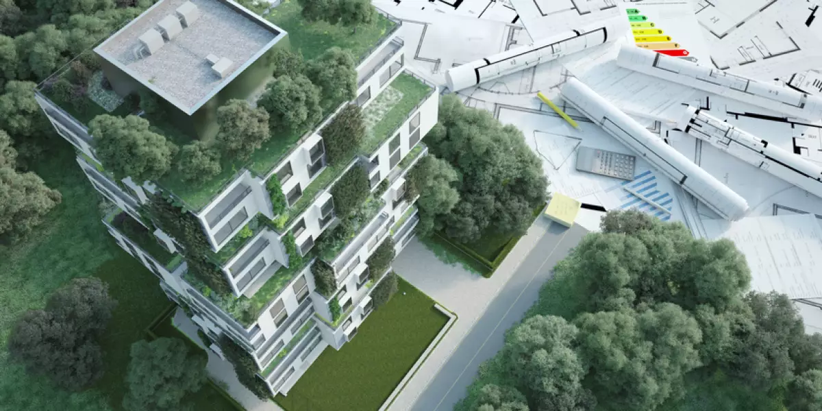 Maqueta y planos de un edificio con jardineras.