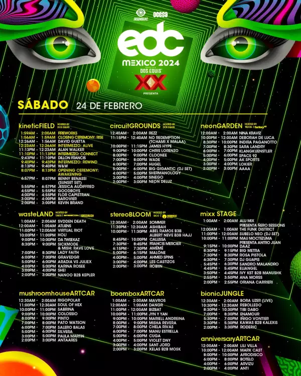 Cartel con los horarios del EDC México 2024 para el sábado 24 de febrero.