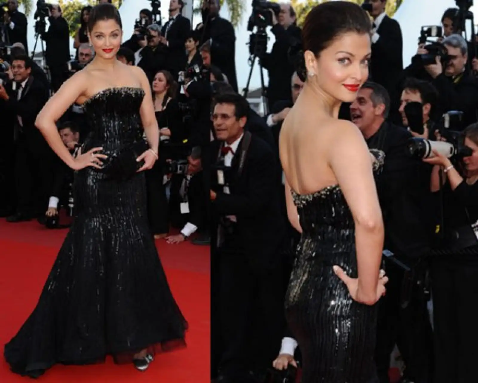 La actriz Aishwarya Rai subió el cociente del encanto en el día 2 con este vestido de Giorgio Armani Prive negro en la noche del Palacio de Festivales el jueves.