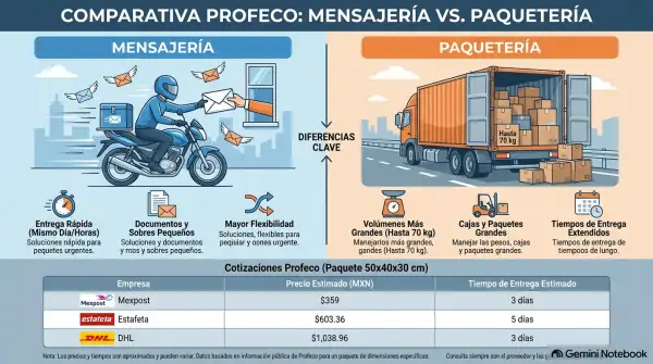 Infografía que explica las diferencias entre mensajería y paquetería, con sus características, tiempos de entrega y una comparativa de precios de Mexpost, Estafeta y DHL para un paquete nacional.