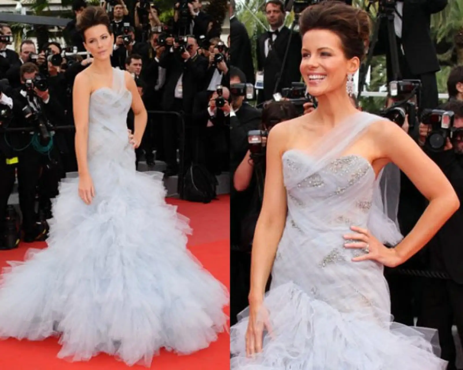 La guapa Kate Beckinsale optó por un vestido azul pastel, con falda de tul con mucho volumen, de ‘Marchesa’.