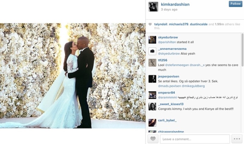 Con más de 1.9 millones de likes, la foto de bodas de la socialité y el rapero se ha convertido en la favorita de la red social.