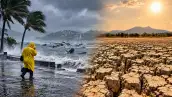Imagen dividida que contrasta un escenario de lluvias intensas, con una persona bajo la lluvia frente al mar y embarcaciones, con un paisaje de suelo agrietado y seco bajo un cielo soleado, para representar los efectos opuestos de El Niño.