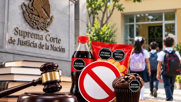 Composición ilustrativa de la Suprema Corte de Justicia de la Nación, un mazo judicial, refresco, frituras y un pan con sellos de exceso, junto a un símbolo de prohibición y estudiantes que ingresan a una escuela.