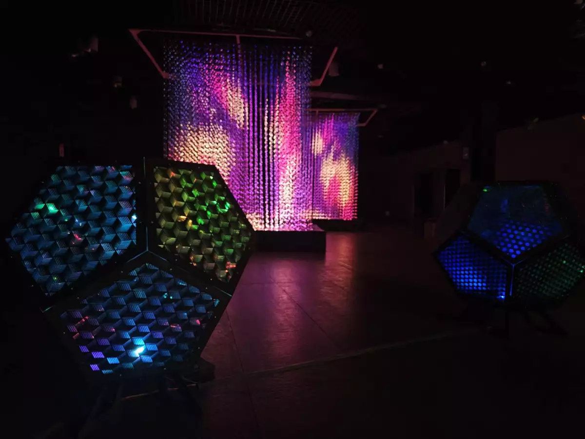 foto de la exposición jardín onírico con instalaciones luminosas en un cuarto oscuro