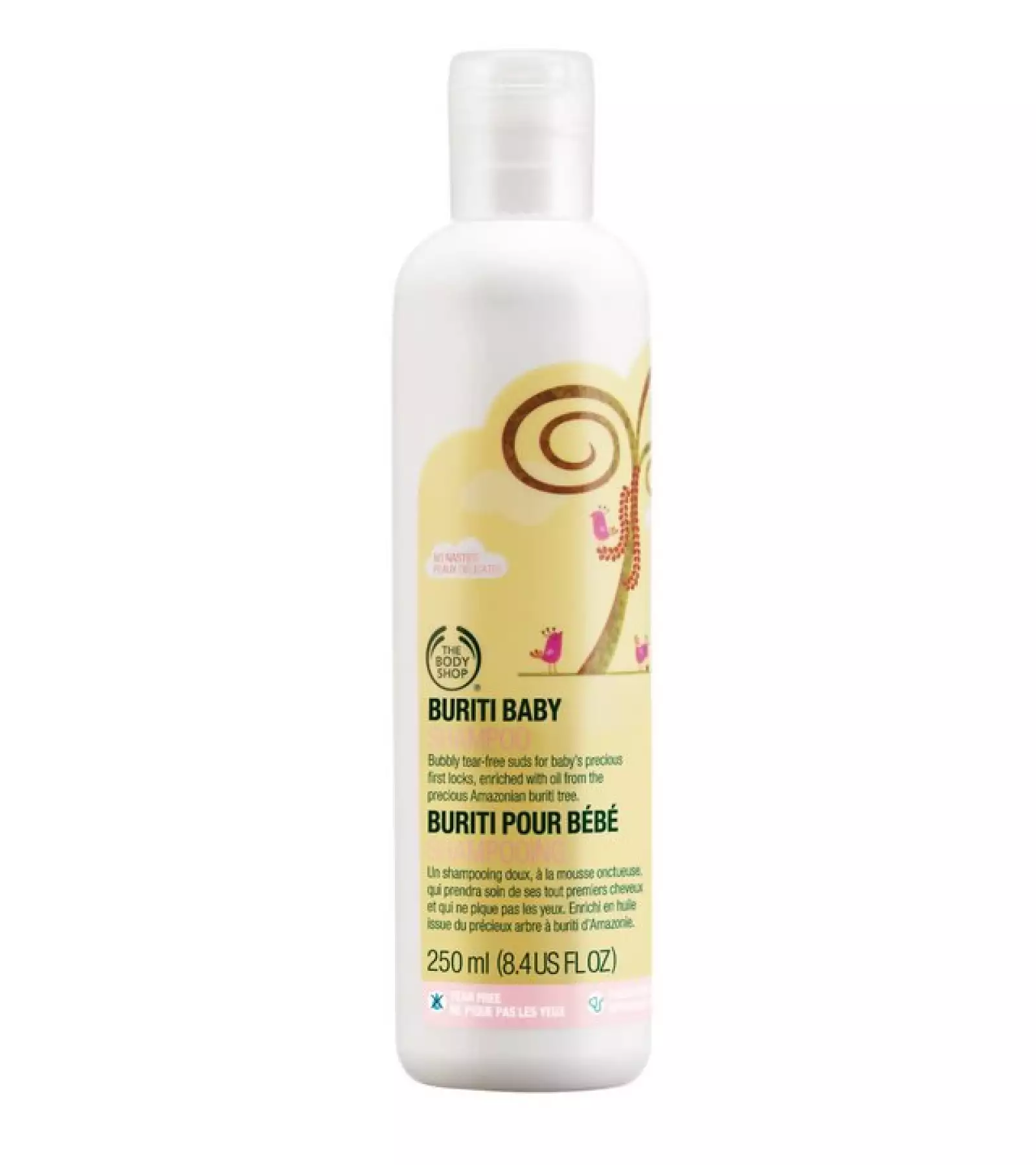 The Body Shop Buriti Baby Shampoo: Aprovado por pediatras, está hecho para los primeros pelos del bebé. Tiene aceite buriti del amazonas y una fórmula anti lágrimas.