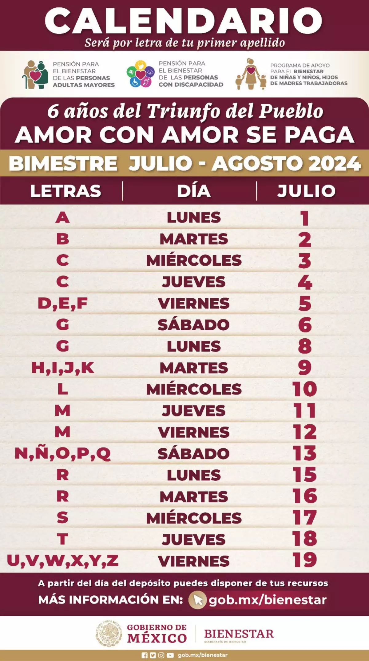 Calendario de pago Bienestar julio 2024 cuándo depositan a los adultos