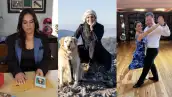 De izquierda a derecha, Fernanda Sainz con cartas de tarot, Nancy Martínez con su perrita en la montaña y Francisco Demesa bailando tango.