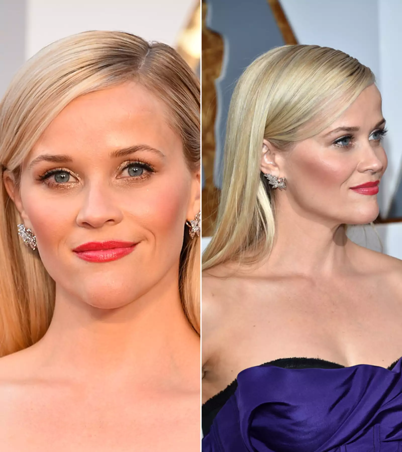 Estamos acostumbradas a ver a Reese Witherspoon con el pelo suelto en las alfombras rojas, y esta vez no fue la excepción. Los labios rosa intenso y las sombras metálicas le dieron el toque perfecto a su look.