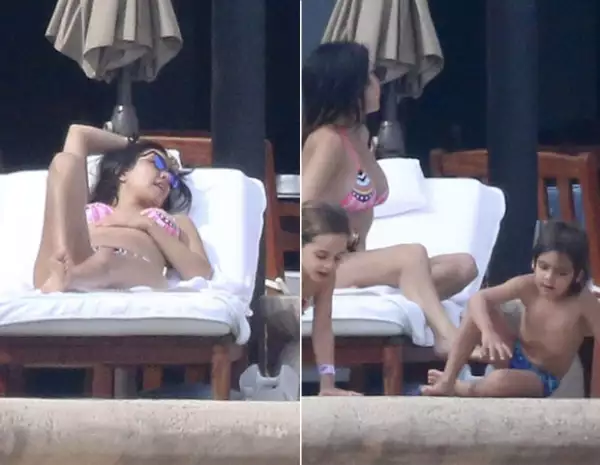 La hermana mayor de las Kardashian eligió un bikini con un print ikat-batik y unos lentes tipo aviador