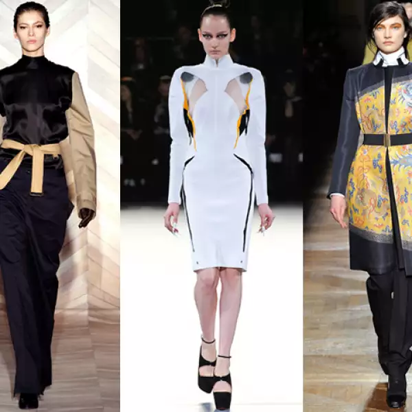 Inspiración oriental:  La estructura del quimono así como motivos orientales se hacen preentes en las gamas de Mugler, Dries Van Noten y Roland Mouret.