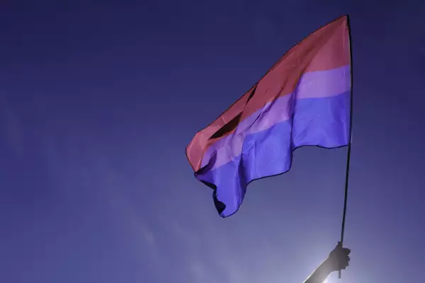 Bisexual flag fluttering in the wind over a radiant blue sky.