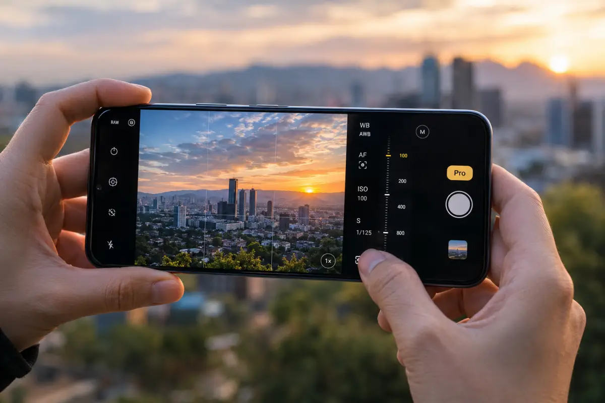 Manos sostienen un celular en modo Pro mientras encuadran un paisaje urbano al atardecer.
